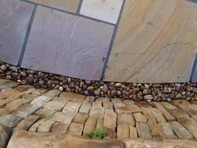 Livingston back garden patio and dry stone retaining wall