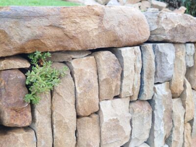 Livingston back garden patio and dry stone retaining wall